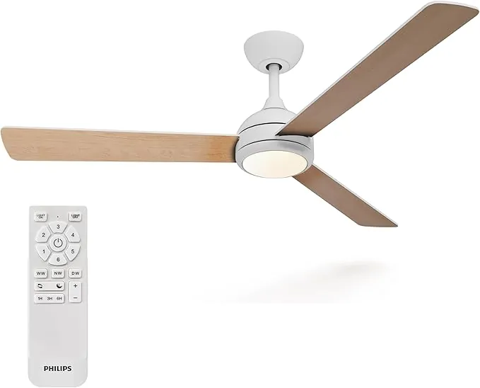 Philips Civx Lámpara de Techo con Ventilador LED, 3 aspas, Diámetro 132 Cm, 2500 Lúmenes, Luz Blanca Tres Tonos (3000 K/4500 K/6500 K), Regulable al 10%, Mando a Distancia, Blanco/Madera clara