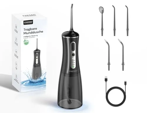 FRESKO Irrigador Dental Portátil 300 ml Irrigador Bucal | 4 Modos 45-105 PSI, Batería 2600 mAh, Impermeable IPX7, 5 Boquillas Para Ortodoncia E Implantes, Hogar Y Viajes