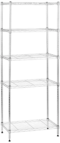 Amazon Basics Unidad de almacenamiento estrecha de 5 baldas con estantes ajustables en altura y patas niveladoras, peso máximo de 453 kg, Cromado, 34 cm x 58.9 cm x 152.5 cm (D x W x H)