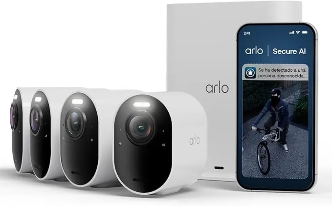 Arlo Ultra 3, Cámara de Vigilancia Exterior WiFi 4K UHD, Reconocimiento por IA, Vsión Nocturna a Color, Audio bidireccional, Funciona con Alexa, Prueba de Secure App incluida, 4 Cámaras + Smarthub