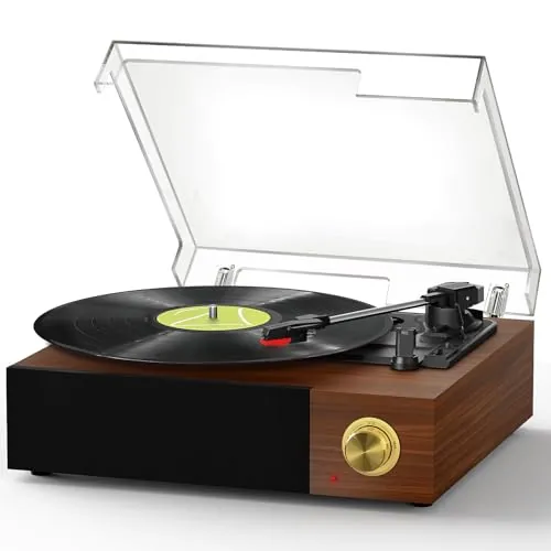 FYDEE Tocadiscos de Vinilo Bluetooth con Velocidades 33/45/78 RPM, Altavoces Integrados, Aguja Reemplazable, Parada Automática, Salida RCA y Tapa Transparente – Teca
