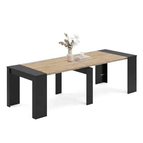 duehome | Mesa de Comedor, Consola, Mesa Extensible, Mesa para Salon, Recibidor o Cocina, Negro Mate y Roble Alpino, Modelo Denis, Medidas: 50-235 cm (Largo) x 90 cm (Ancho) x 78 cm (Alto)