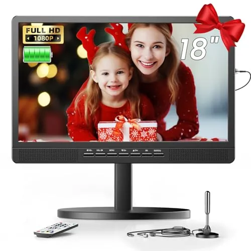 Desobry TV portátil de 18 Pulgadas con Antena, Mini televisión LCD con sintonizador DVB/T2, 12V TV Recargable 6000mAh con Soporte Redondo para Camping al Aire Libre, Dormitorio, Cocina