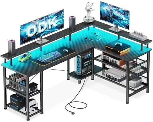 ODK Escritorio Gaming en L con LED, 150x102cm, Fibra Carbono Negro