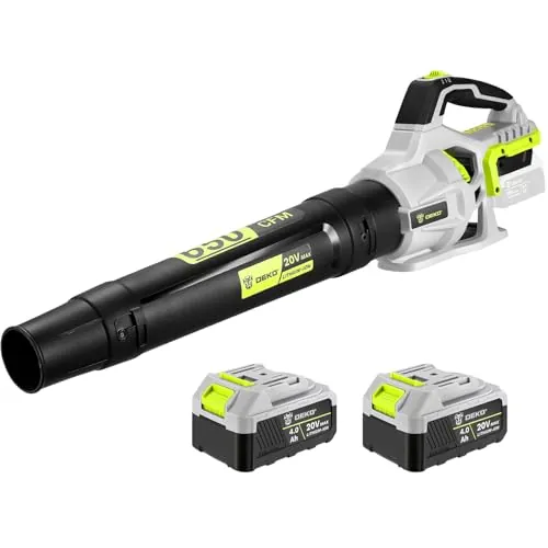 DEKOPRO Soplador de Hojas Inalámbrico de 20 V, Incluye 2 Baterías de 4,0 Ah, 650 CFM de Caudal, 2 Velocidades, Soplador de Hojas para Portales, Jardines, Limpieza de Hojas Caídas y Nieve