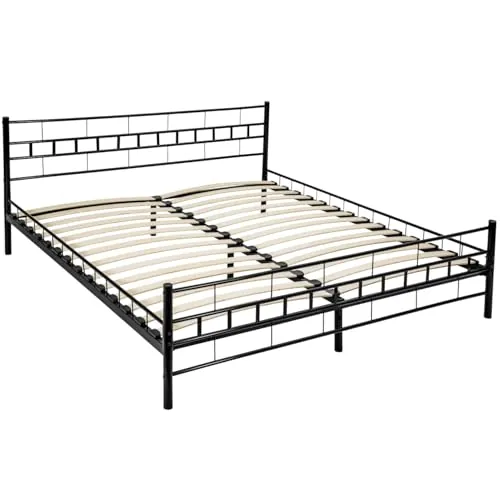 tectake® Cama Matrimonio Estructura de Acero Robusto con Somier de Láminas de Madera, Muebles de Dormitorio, Cama Completa, Resistente, Fácil de Limpiar, Base de Cama - 180 x 200 x 76 cm Negro