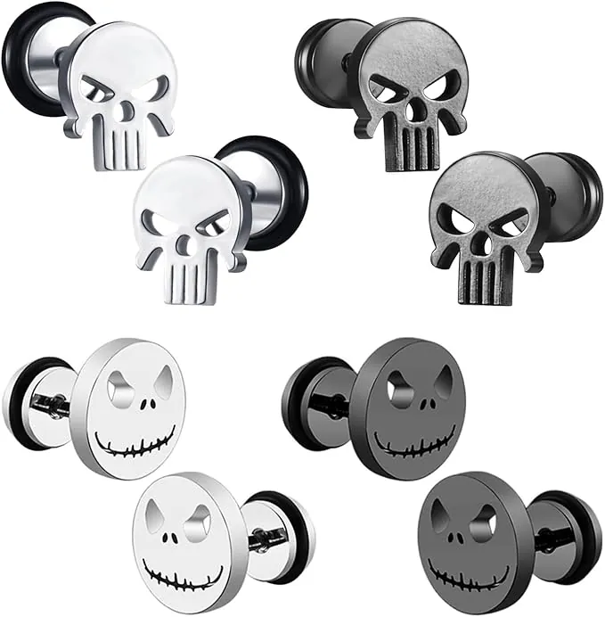 4 pares de aretes de calavera, de acero inoxidable, hipoalergénicos, con diseño de calavera, estilo punk, juego de aretes de mueca con tornillos, accesorios de hebilla para las orejas, joyería