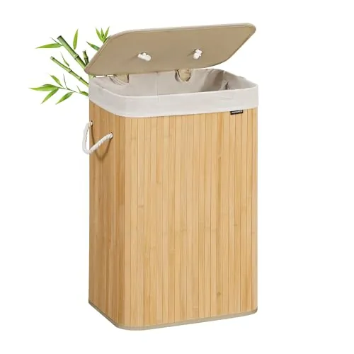 SONGMICS Cesto de la Ropa Sucia con Tapa, 72 L, Cesta de Lavandería de Bambú, Plegable, con Bolsa Lavable Extraíble, Asas, para Lavandería, Dormitorio, Natural LCB10Y