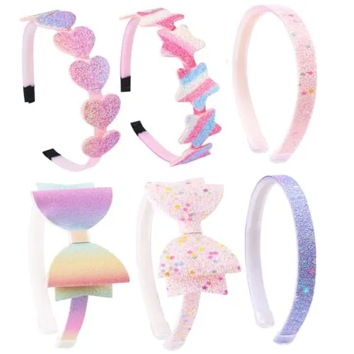 DRESHOW 6 Pack Diademas Con Lazo para Niñas Diadema con Purpurina para Niños Diadema Corazón Estrella para Niños Adolescentes