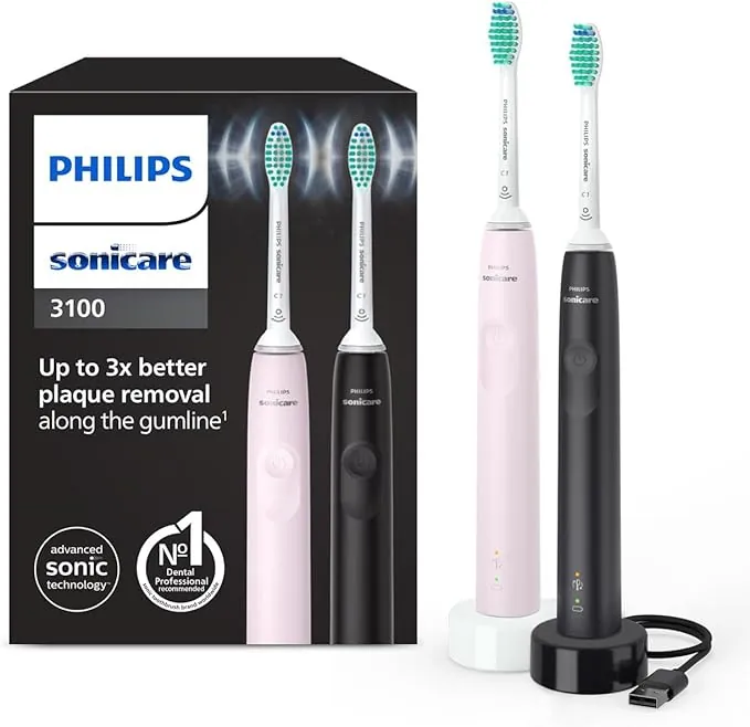 Philips Sonicare 3100, cepillo dental eléctrico, cepillo dental sónico, sensor de presión y temporizador, rosa chicle y negro, pack doble, HX3675/15