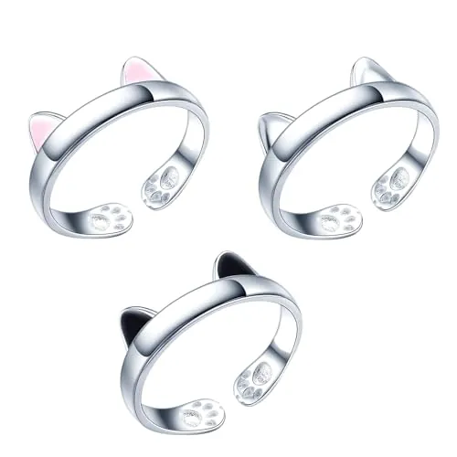 DHWEKU 3 Piezas Anillo de Plata 925, Ajustable para Mujer y Niña, de Compromiso Abierto, Lindo Anillo de Gato