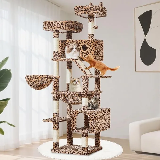 Taoqimiao Rascador para Gatos Grandes, 180CM Estable Arbol Rascador para Gatos com Cuevas, Cesta, Hamaca, Postes, MS026LBW Estampado de Leopardo