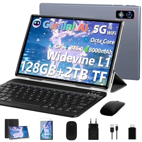 Último Tablet Gemini AI Android, Tablet 10 Pulgadas, 22GB+128GB/TF 1TB, Octa-Core 2.0GHz, 5G WiFi, Bluetooth5.0, 8000mAh Batería, 8MP+5MP, Widevine L1, GPS, Tablet con Funda, Teclado y Ratón - Gris