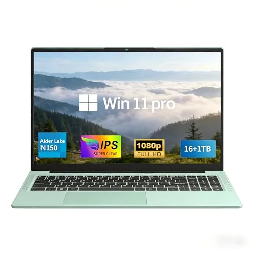 FUNYET Portátil de 15,6 Pulgadas,2026 Nuevo Laptop, 16 GB de RAM, 1 TB de SSD, procesador N150 (hasta 3,6 GHz), Win11 Pro,6000 mAh, IPS FHD 1920 * 1080,Verde
