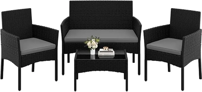 Yaheetech Conjunto Jardin Exterior Muebles Ratán de Jardín de 4 Piezas, 1 Sofá, 2 Sillas con Cojines y 1 Mesa con Vidrio para Patio/Terraza/Balcón (Negro/Gris Claro)