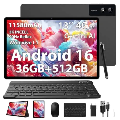 DOFACESH 3K Tableta 13 Pulgadas con Android 16, 36GB RAM+512GB ROM (Extensión 2TB), 4G Lte/5G WiFi, 2940 * 1840, 11580mAh, G99 Octa-Core, 13MP+8MP, Tablet con Teclado/Widevine L1/GPS/4 Altavoces-Nero
