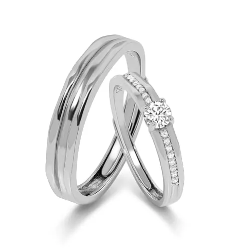 Meissa Alianzas 925 Anillo Plata Boda Ancha para Hombres Anillo de Diamantes para Mujeres Emparejan Anillos de Promesa Tamaño Ajustable Anillo de Pareja Set Regalo Aniversario (Juego de dos anillos)