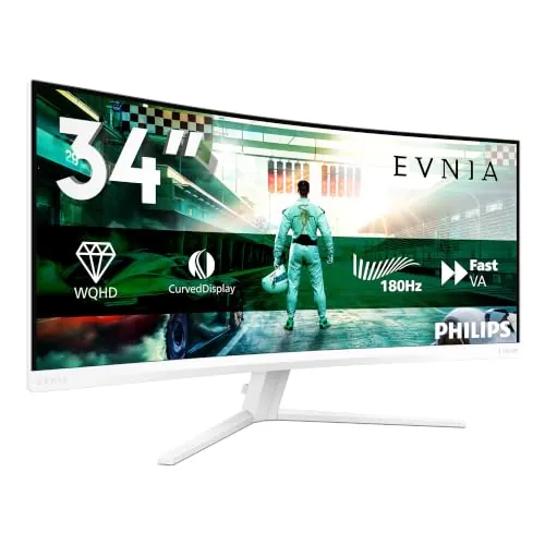 Philips Evnia 34M2C3591L Gaming Monitor 34 Pulgadas 180Hz Panel Fast VA, 1ms GtG, HDR10, (3440x1440 HDMI 2x 2.0 DP 1x 1.4) Blanco