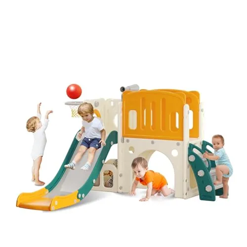 hoopyosms Tobogán para Niños Pequeños con Escalera, Aro de Baloncesto y Túnel, Conjunto de Tobogán Infantil de Plástico para Interiores, Juguetes para Patio de Juegos Montessori, Verde