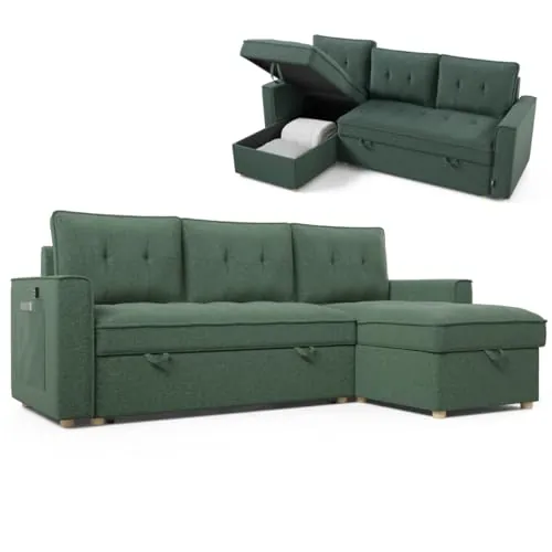 Nalui - Sofa Cama Chaise Longue Haven 213x129x81cm Reversible con Arcón de 127,6L. Sofa de Salon 3 Plazas Convertible en Cama de 122 x 190 cm. Incluye Bolsillos y Tejido 360º, Verde Oscuro