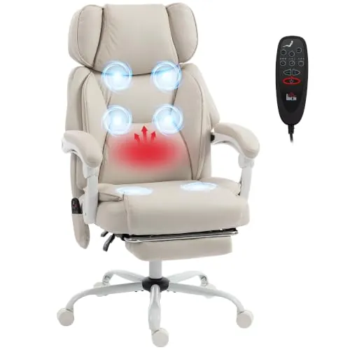 HOMCOM Silla de Oficina Ergonómica con Masaje Vibratorio 6 Puntos Crema | Silla de Escritorio, Calor Lumbar, Reclinable, Altura Regulable, Reposapiés, Respaldo Alto, Reposacabezas Ajustable