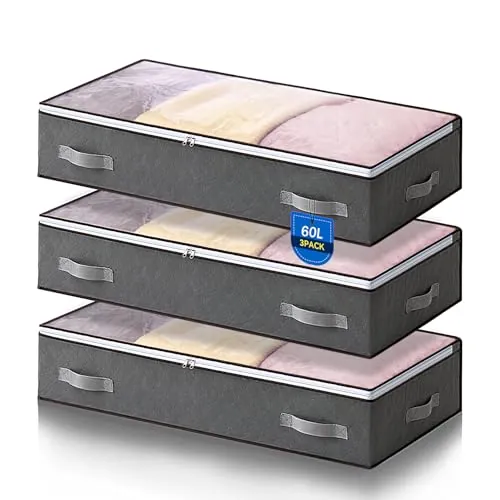 AIOR 3 Piezas 60L Bolsas Almacenaje Ropa Debajo de la Cama, Cajas Almacenaje de Gran Capacidad con Ventana Transparente, Cama Organizador Armario para Mantas Edredones, 80x50x15cm