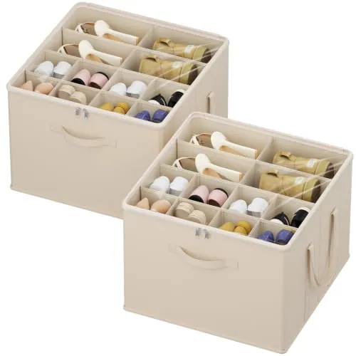 Lifewit Organizador Zapatos para Armario, Caja Almacenaje para 12-16 Pares con Tapa de PVC Transparente, Zapatero Plegable con Divisiones para Zapatillas y Botines, 43 x 43 x 31 cm, Beige, 2 Piezas