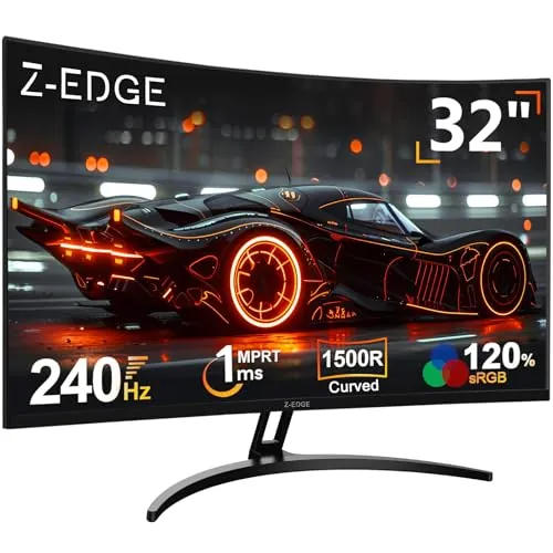 Z-Edge Monitor Gaming Curvo 32'' 240 Hz, 1ms, 1080P, FreeSync, Pantalla PC Bisel Ultra Fino, 1500R VA, Inclinación Ajustable, 2* HDMI 2.0 & 2* DP 1.4, RGB Luz de Respiración(Cable HDMI Incluido)