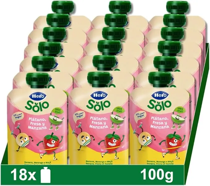 Hero - Bolsitas con Plátano, Fresa y Manzana, Para Bebés a Partir de los 12 Meses - Pack de 18 x 100 g, El embalaje puede variar