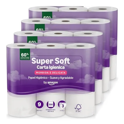 by Amazon Papel Higiénico Supersuave de 3 Capas, 36 Rollos (4 Paquetes de 9), 200 Hojas por Rollo, Con Certificación FSC