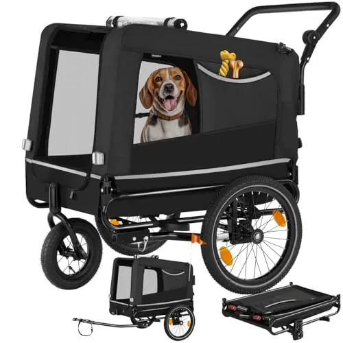 tectake® Remolque Bicicleta Perros Multifuncional, Carrito para Perros Plegable, Carro Perro con Manillar Extraíble, Remolque Bici 240L, Reflectores, Bandera, Arnés Seguridad, Carga Máx 40 kg