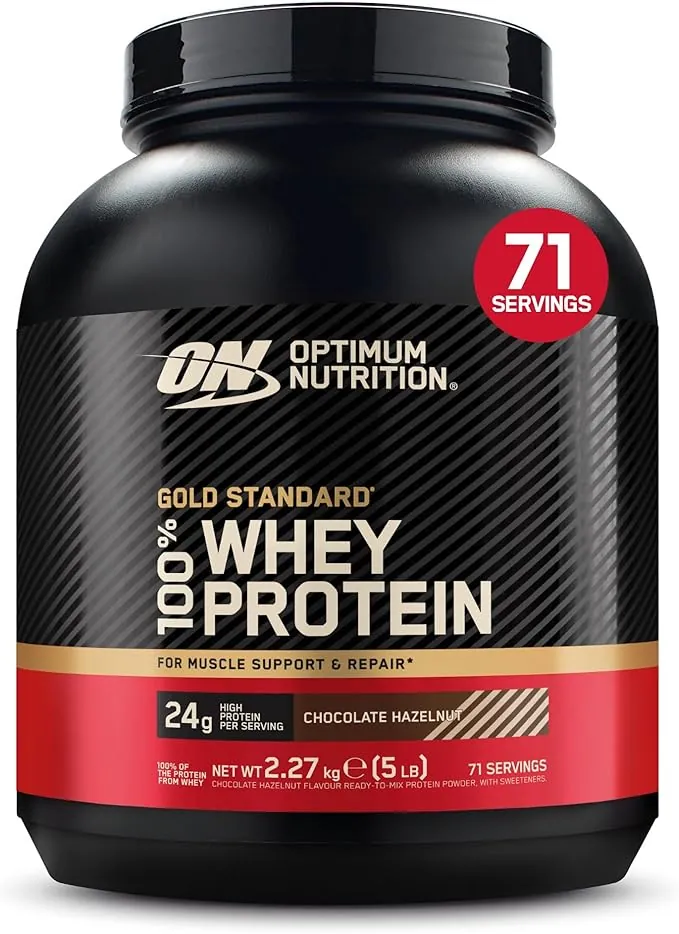 Optimum Nutrition Gold Standard 100% Whey, Proteína, Sabor Chocolate y Avellana, 2.27kg, 71 Servicios, Paquete Puede Variar