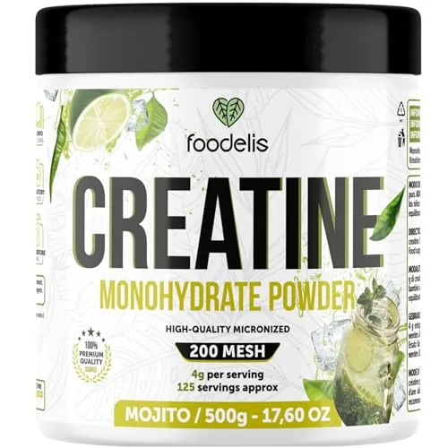 Foodelis Creatina Monohidratada en Polvo 500 g – Sabor Mojito – 100% Creatina Micronizada – Alta Pureza – Sin Aditivos – Vegana – Alta Solubilidad – Incluye Dosificador