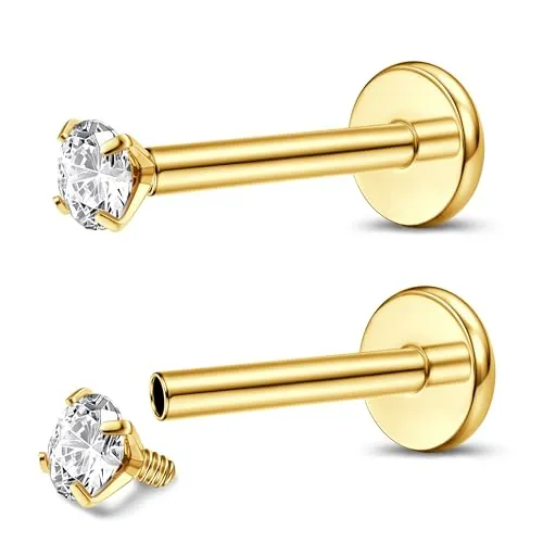 Adramata 2Pcs G23 Titanio Piercing Labret Roscado Interno Piercing Labio Monroe Medusa Piercing CZ Pendiente Piercing Pequeño Piercing Nariz Piercing Helix Piercing Tragus Oro Plata Piercing Oreja