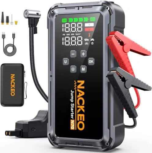 NACKEO Arrancador de Baterías de Coche con Compresor de 160 PSI, 8000A 12V Arrancador de Coches (Todo Gasolina o 12L Diésel), Arrancador de Coches Portátil con Pantalla LCD, Carga Rápida y Luz LED