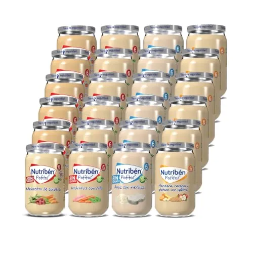 Nutribén Pack de 24 Potitos variados | Menestra de cordero | Pollo con guisantes y zanahoria | Arroz con merluza | Manzana, Naranja, Plátano y Galleta - Desde los 6 Meses - 24 x 235gr