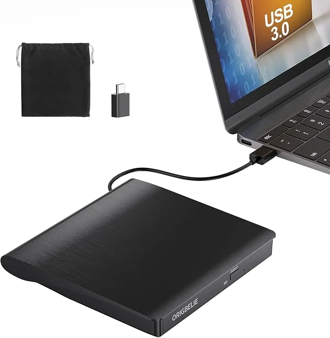 ORIGBELIE Lector CD DVD Externo USB 3.0, Portátil CD DVD +/- RW Grabadora DVD Externa, Ultra Delgado Regrabadora DVD Externa para Computadora Portátil/Escritorio/PC Windows 11/10/8/7/XP Linux Mac OS