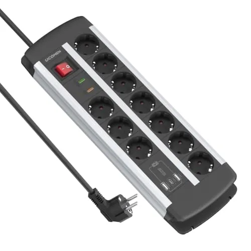 Regleta 10 Enchufes con USB-C 20W PD, Protección Sobretensiones