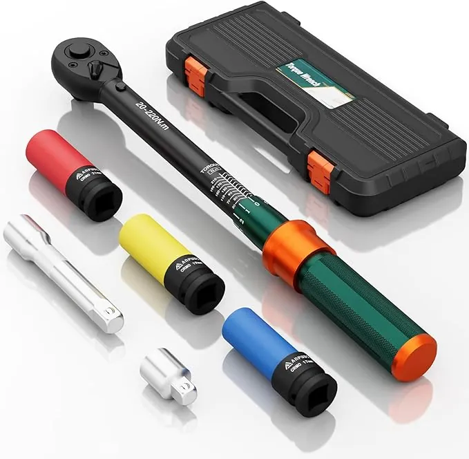 Llave Dinamométrica 1/2'', 20-220Nm, Llave Dinamométrica Coche 6 Piezas con Vasos 17mm/19mm/21mm, Barra de Extensión de 125mm, 1/2" to 3/8" Adaptador, para Coche, Camión, Moto