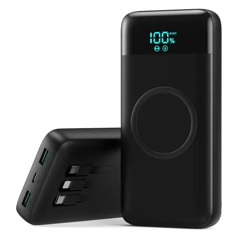 Power Bank Inalámbrico 26800mAh con 3 Cables, 7 en 1 Batería Externa Carga Rápida 25W PD3.0+QC4.0, 6 Puertos Powerbank Cargador Portátil LCD Display Compatible con iPhone17/16/15/14/13Huawei etc-Negro