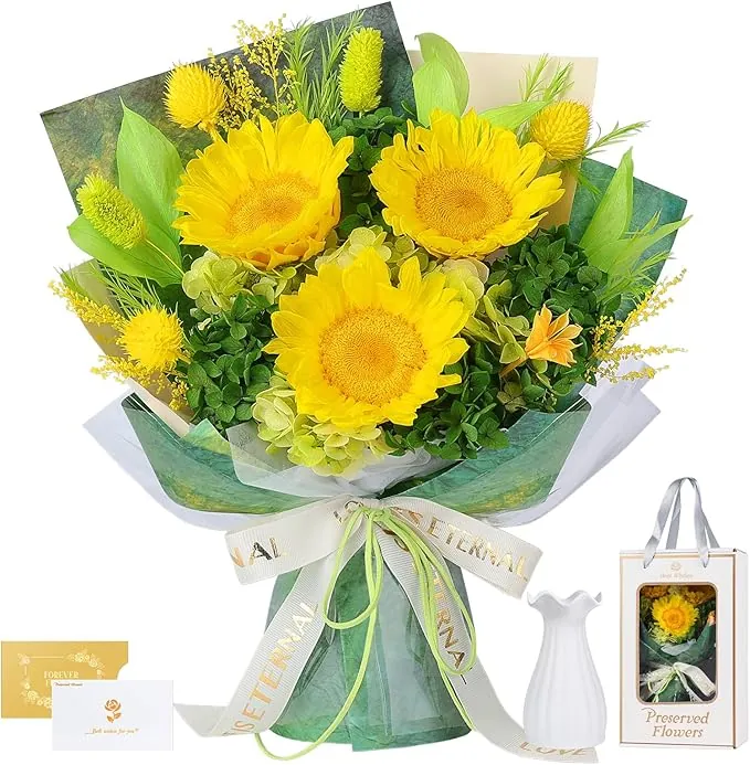 Ramo de Girasoles con Jarrón, Ramo de Flores Eterno, Flores Preservadas Reales, Regalo para Mujer, Día de la Madre, Graduación, Aniversario y Cumpleaños, para Novia, Esposa, Madre o Abuela