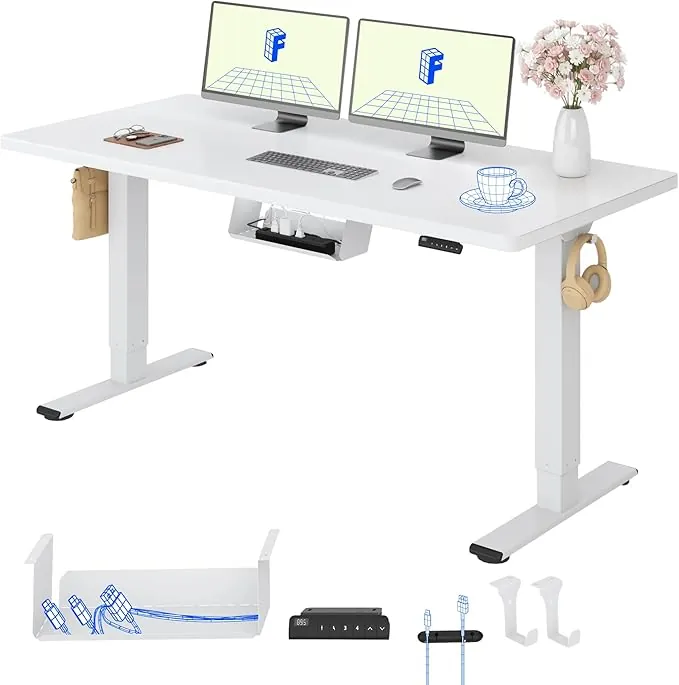 FLEXISPOT Escritorio Elevable Eléctrico E1 Pro Set 140x80, Doble Motor, Tablero Completo, Panel con Memoria, Regulable en Altura, Soporta 100 kg, Blanco+Blanco