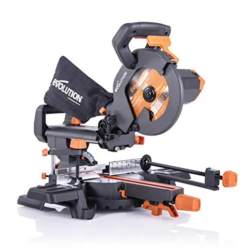 Evolution Power Tools R210SMS+ Ingletadora deslizante multimaterial de 210 mm, con paquete Plus, Corta acero dulce, aluminio, plástico, madera con clavos incrustados, 230 V