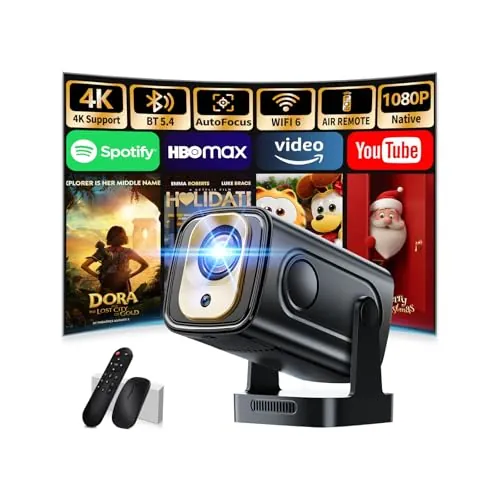 [App Integrada & 2026 Nuevo] Mini Proyector 4K 1080P FHD Proyector Portátil Vídeo con WiFi 6 y BT 5.4 Proyector Vídeo Función Enfoque Automático y Corrección Trapezoidal USB/HDMI/PC, Negro