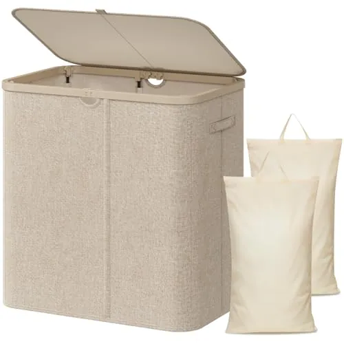 Lifewit Cesto Ropa Sucia de 2 Compartimentos con Tapa, Grande Cesta Ropa Sucia con Bolsas Extraíbles y Asas, Cubo Ropa Sucia para Dormitorio, Lavandería, Baño y Salón, 145L, Beige