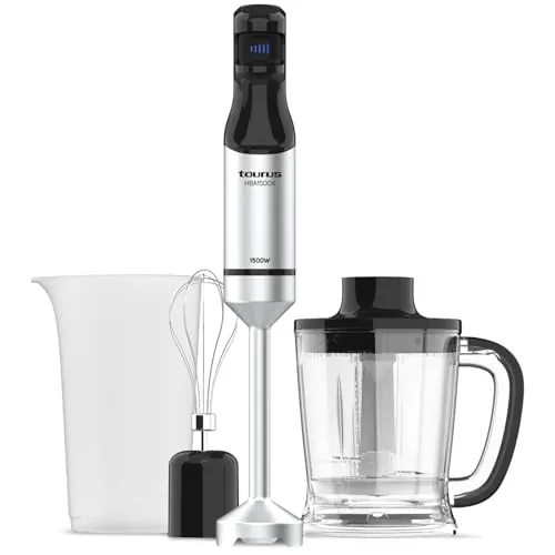 TAURUS Batidora de Mano 1500W con 20 Velocidades y Función Turbo | Cuchillas de acero inoxidable para picar hielo y triturar alimentos, diseño ergonómico y vaso medidor de 700 ml