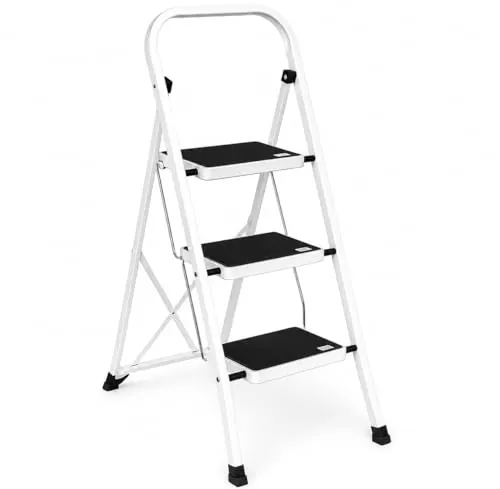 Escalera Plegable de 3 peldaños con Estructura de Acero | Taburete Multifuncional con Superficie Antideslizante y Base Estable | Ligera, portátil y Segura para hogar, Oficina y tareas domésticas