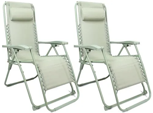 FUREINSTORE Tumbonas Plegables para Exterior -Diseño de Gravedad Cero para Jardín, Playa, Piscina y Terraza -Construcción en Acero Ligero y Reposacabezas Incluido (Pack DE 2 Verde)