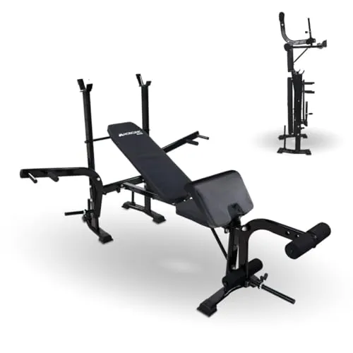 Mobiclinic® fitness, Banco de musculación multifuncional, Pressfit, Ajustable, Plegable, Acero, Soporta hasta 250 kg, Soporte para barras, Ideal ejercicios fuerza en casa