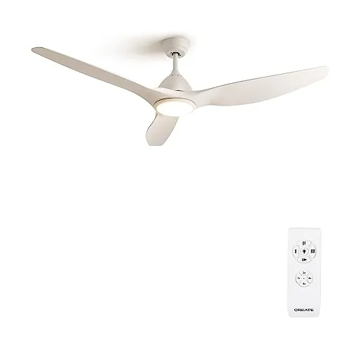 CREATE / WINDSAIL/Ventilador de techo con luz blanco con mando/XL, motor AC de cobre, silencioso, temporizador de 1h a 4h, 2 alturas, 3 temperaturas de luz, Ø163 cm, 90W